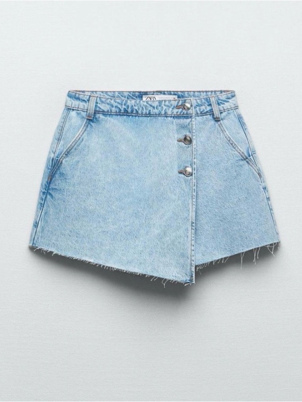 Zara Light Blue Denim Asymmetric Skort with Frayed Hem